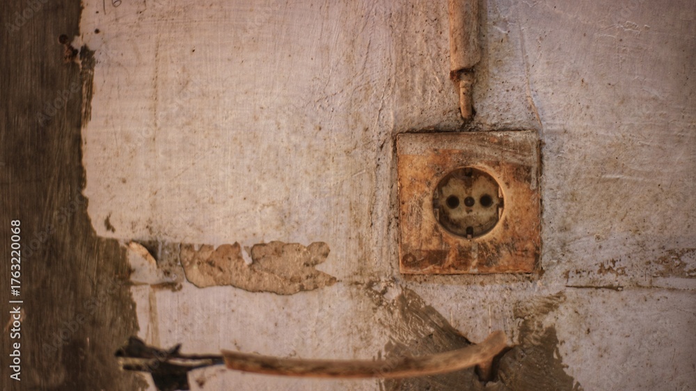 Vintage electrical socket on cracked plaster wall with exposed wiring ...