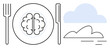 © robu_s - Brain placed on a dinner plate with fork and knife beside, paired with a cloud element. Ideal for creativity, knowledge consumption, mental health, mindfulness, innovative thinking, education, simple