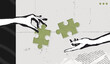 © accogliente - Trendy Halftone Stipple effect Two Hands combine puzzle pieces. Teamwork and brainstorm concept. Business idea and solution. Partnership relationship. Retro vintage vector illustration art
