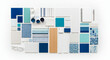 © stock by siam - An overhead shot of blue and white tiles, paint samples, and design elements arranged on a white background, isolated on white background