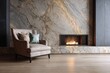 © free - Elegant armchair sits beside a modern fireplace with a marble wall.
