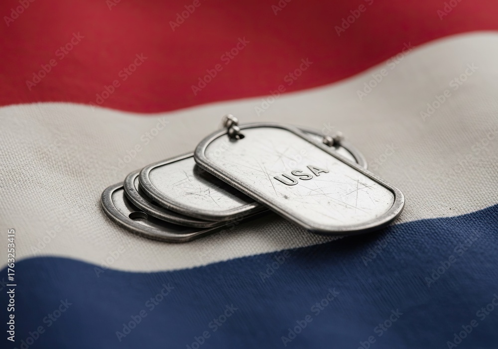Photo of close up of dog tags on an american flag, representing ...