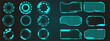© Julisart - Futuristic neon round and square frames set. Tech game ui, gui, fui frames collection. Glowing neon semitransparent blue frames and lines on dark background. Vector User  gaming design elements