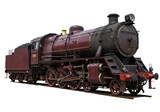 Isolated view of a classic steam train engine on tracks, vintage transport equipment