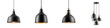 © R Studio - Set of modern black pendant lamps with golden accents on a white background