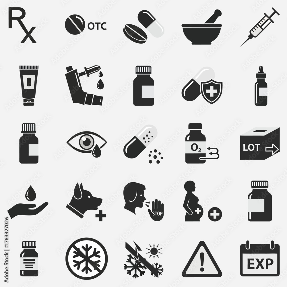 Comprehensive set of pharmacy and medical icons illustrating drug ...