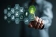 © su - Digital Eco-Consciousness: Man Interacting with Touchscreen Displaying Sustainable Energy Options for the Future