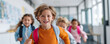 © Olena - Enthusiastic children running down school hall with backpacks, beaming. Captures joy, education, youth. Use for backtoschool, childhood, or learning concepts.