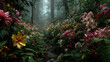 © Kanchanit - Vibrant overgrown secret garden filled with colorful flowers, lush greenery, and serene pathway. atmosphere is tranquil and enchanting, inviting exploration and wonder