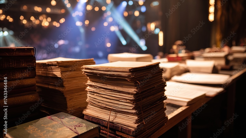 Scripts Backstage Festivals backstage. A table in the wings of a stage, stacked with bound scripts ...