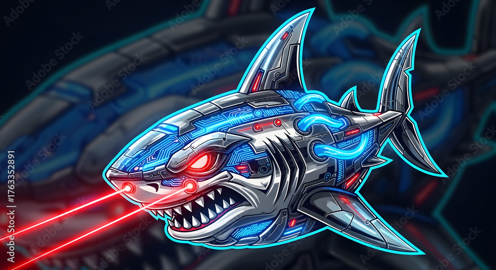 Fierce cybernetic shark with glowing red eyes and laser beams blasts ...