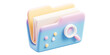 © KM - 3D isometric render of pastel colored folder with documents and magnifying glass, floating in air. folder is viewed from angled perspective, creating playful and modern look