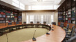 © Victor zastol'skiy - 3d rendering of an empty corporate conference room. Modern boardroom interior with bookshelves