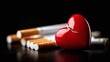 © Ірина Пальцева - A cracked red heart sits among several unlit cigarettes, starkly contrasting themes of love and destruction against a dark backdrop, evoking a health message.