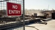 © Norah Allen - A red and white NO ENTRY sign hangs on a metal fence at a construction site with heavy machinery and building materials visible in the hazy background safety warning restricted area