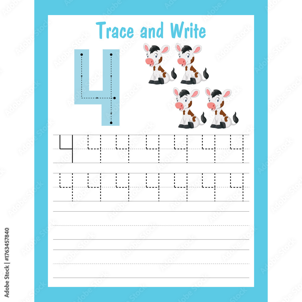 Trace and write number worksheet for kids four Stock Illustration ...
