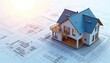 © Pete - Model house sits on architectural blueprints. Building plans for new residential construction, design, and planning. Effective home project development.