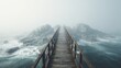 © Hnf - A wooden walkway stretches across turbulent, foggy water, connecting rocky outcroppings. The sky and horizon are obscured by mist