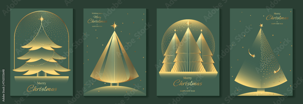 Golden Pine Tree Christmas Greeting Card Vector Set in Green Background ...