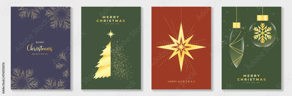 Luxury Christmas Greeting Card Vector Set with Golden Line Pine Tree ...
