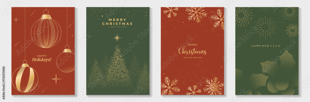Luxury Christmas Greeting Card Vector Set with Golden Line Pine Tree ...
