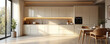 © Pete - Bright L shaped kitchen features sleek cabinetry and warm accent lighting. A dining area with wicker chairs sits near large windows, offering natural light and a minimalist feel.