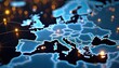 © Pete - Digital map of Europe displays glowing blue country outlines, bright light points. Connect European nations, data transfer, modern network communication. Abstract visual cyber tech, global business