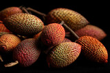 salak fruit skins close up, arranged on black background, crisp focus.