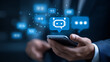 © suldev - AI assistant interaction, Person using smartphone chatbot powered by artificial intelligence. Virtual assistant apps, smart support systems, machine learning, digital communication concepts.