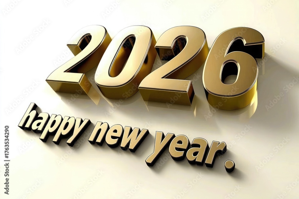 Golden 3D "2026" Happy New Year text on white background with ...