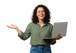 © MST Graphics - Smiling woman curly hair wearing glasses holding a laptop gesturing isolated on transparent background