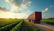© Pete - Big truck transports red container on rural dirt road. Green agricultural fields stretch to horizon under golden sunset sky. Farm produce delivery, global food supply chain, transport logistic