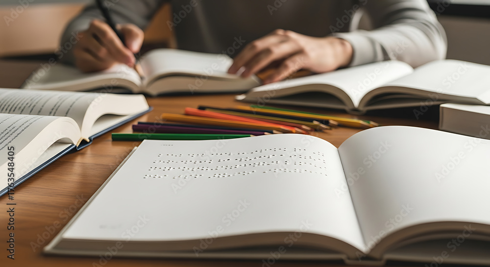 Hands writing among open books, Braille text visible. Inclusive learning, education, and study concept on wooden desk.