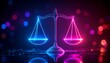 © Zlfhr - A glowing neon wireframe illustration of the Scales of Justice, balancing blue and pink light, representing digital law and futuristic legal concepts on a reflective surface
