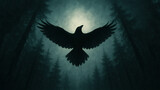 Mysterious silhouette of a raven with outstretched wings in a dark misty forest with ethereal light