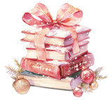 PNG Coquette christmas books illustration watercolor ribbon.