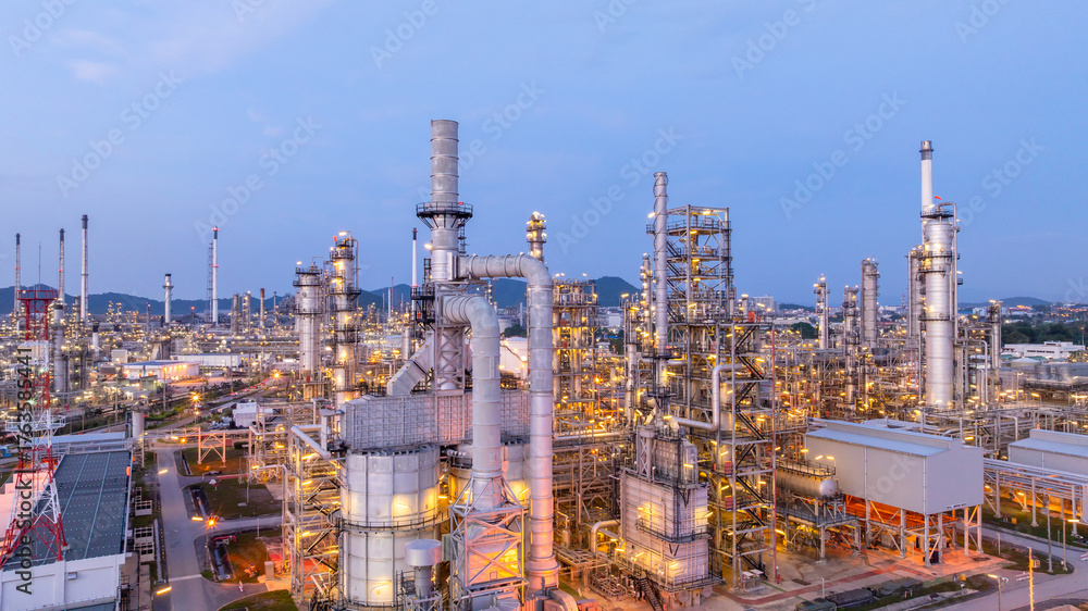 Aerial view oil and gas refinery plant at night, Oil and gas industrial ...