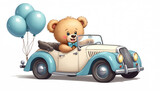 Cute teddy bear drives a classic car illustration. It holds blue balloons. Cartoon bear in vehicle. Animal character on road trip. Happy plush driver at auto. Fun gift for kids