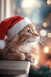 © dashtik - Festive cat with santa hat relaxing by christmas fireplace with lights and bokeh effect