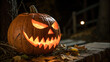 © Arfatul - An eerily glowing jackolantern sits on a stone ledge at night, its carved face illuminated with menacing eyes and a toothy grin, casting spooky shadows