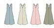 © Sadia - Collection of modern sleeveless A-line dress flat illustrations in soft pastel colors, showcasing versatile fashion designs for apparel development and pattern making