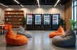 © Pete - Modern office lounge with vending machines beanbag chairs and shelves. Contemporary interior with comfort relaxation area and selfservice options. Stylish design offers workspace for breaks drinks.