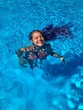© Lelya - Vertical shot of a teen girl with purple afro braids smiling while floating in a wide expanse of bright blue pool. Minimal, airy composition ideal for advertising summer travel, recreation and wellnes