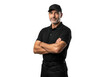 © Limarstore - Confident man wearing black polo shirt and cap posing with arms crossed transparent background