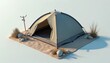© Pete - Isometric view tent camp setup. Illustration showcases a camping shelter surrounded by sand stones and dry grass. Outdoor recreation. Nature adventure, journey escape.