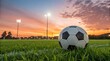 ©  Mix Stock Ai catego - 'Soccer Ball on Field at Sunset | Football Game, Sports Equipment, Soccer Match, Stadium Lights'