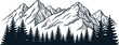 © A - Z - Black and white vintage hand-drawn mountain range illustration with pine trees, bold ink line art in retro poster style, simple composition, minimal clean design on plain background
