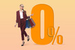 © New Africa - Zero commission. Happy woman with shopping bags on color gradient background. 0 percent sign near her