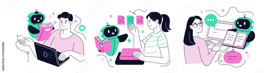 Characters teaching Ai robot assistant from data. Large language model ...