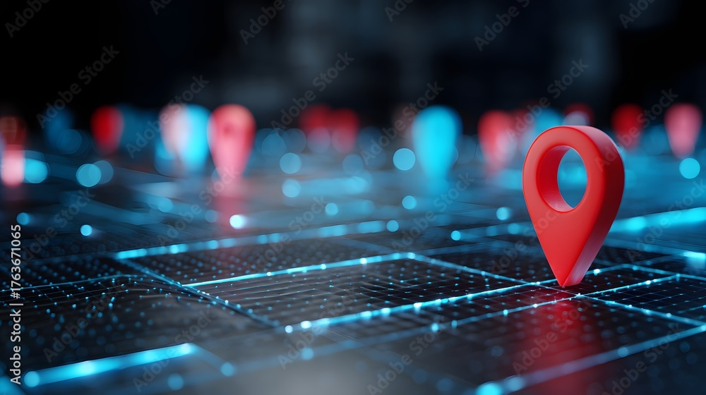 Multiple illuminated location pins mark positions on a dark digital ...